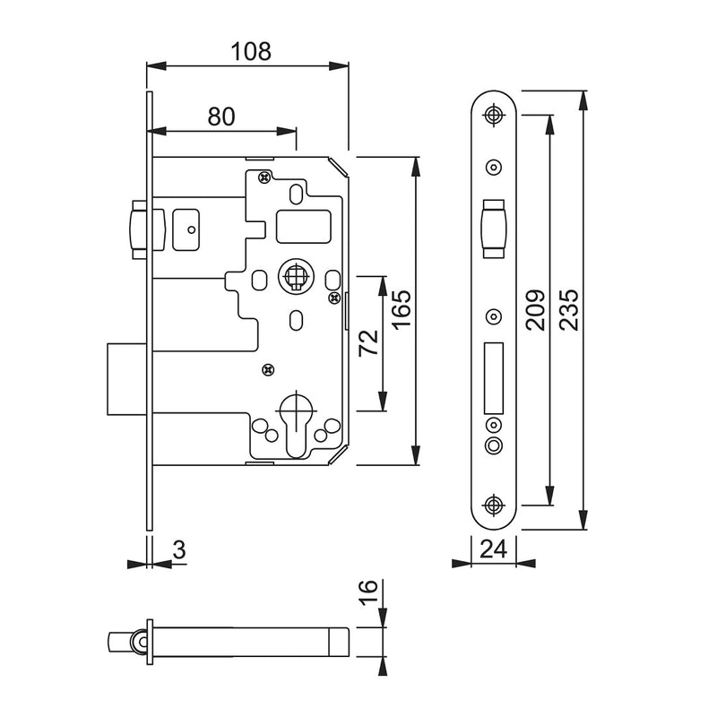 Arrone AR916 DIN Style Euro Deadlock with Rollerbolt and Radius Forend - 108mm Case - 80mm Backset - SSS