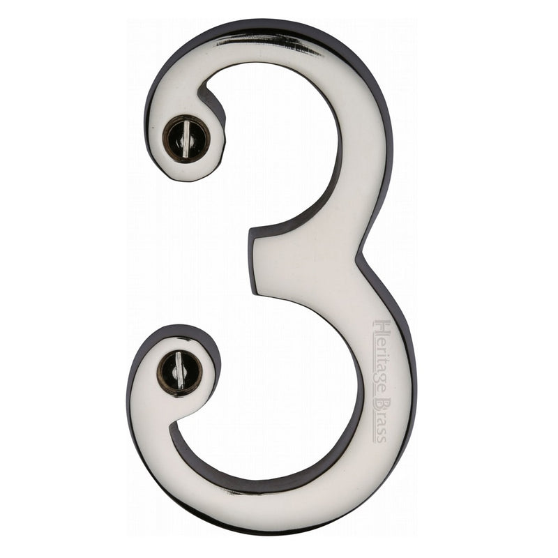 M.Marcus Screw Fixing Numeral '3' 76mm (3") - Polished Nickel
