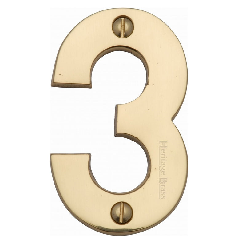 M.Marcus Screw Fixing Numeral '3' 76mm (3") - Polished Brass