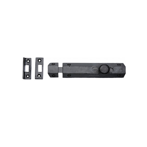 M.Marcus Black Iron Rustic Flat Door Bolt - (6") - Smooth Black Iron