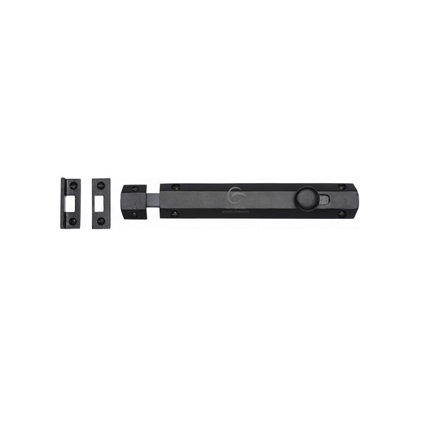 M.Marcus Black Iron Rustic Flat Door Bolt - (8") - Smooth Black Iron