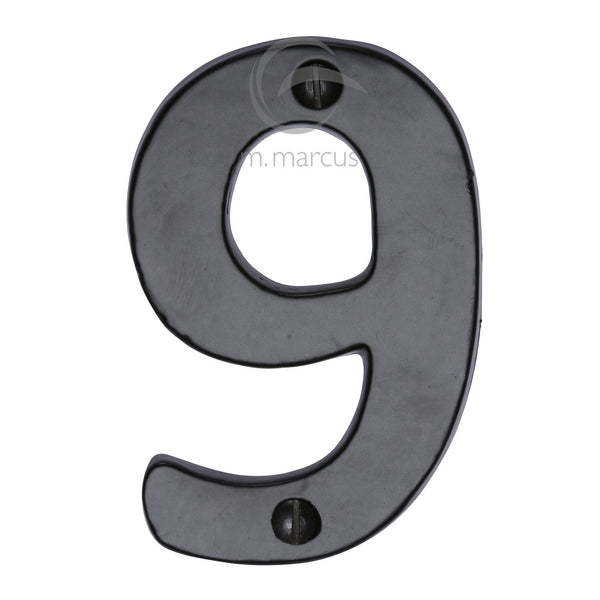 M.Marcus Screw Fixing Numeral '9' 76mm (3") - Smooth Black Iron  