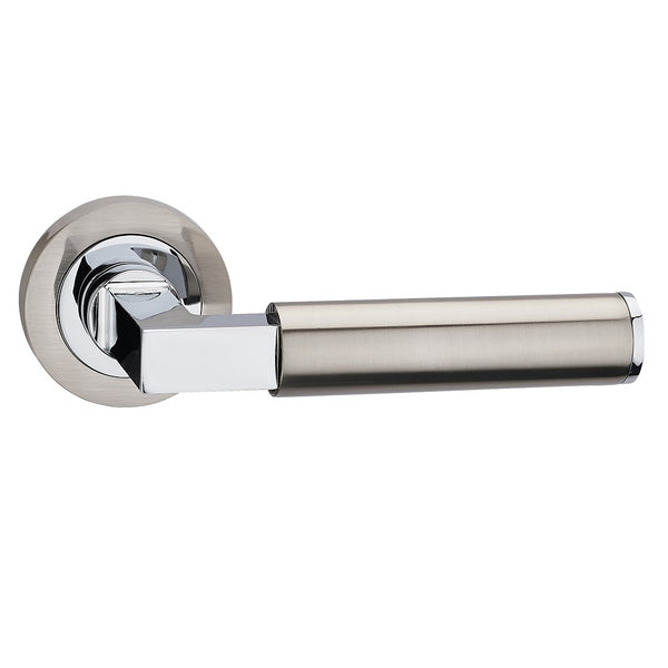 Fortessa Torres Lever Handles on Round Rose - Satin & Polished Nickel Dual Finish