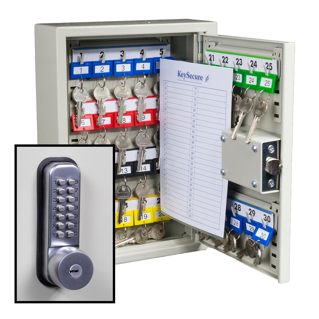 Spring Key Override KeySecure Key Cabinet With Digital Lock and Key Override - 30 Hook