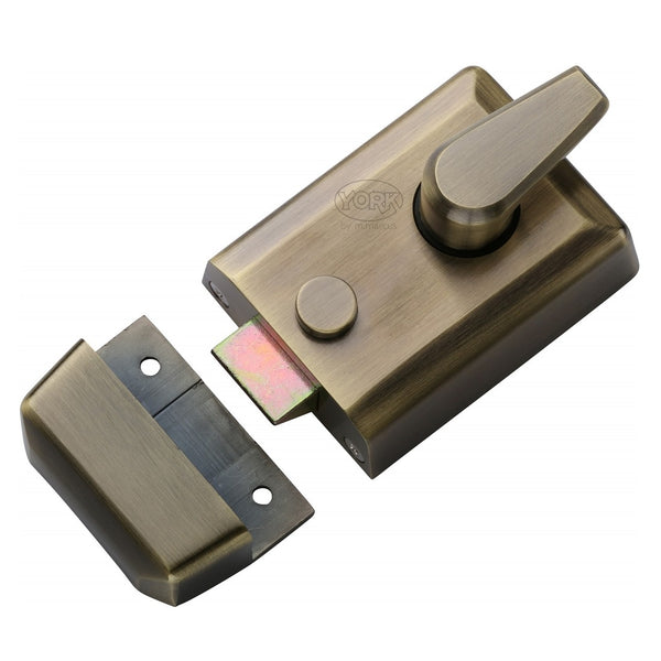 York Deadlocking Rim Nightlatch - 60mm Backset - Antique Brass Case with Antique Brass Cylinder