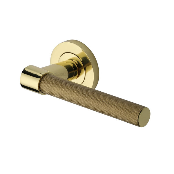 M.Marcus Phoenix Knurled Design Lever Handles on Round Rose - Polished Brass
