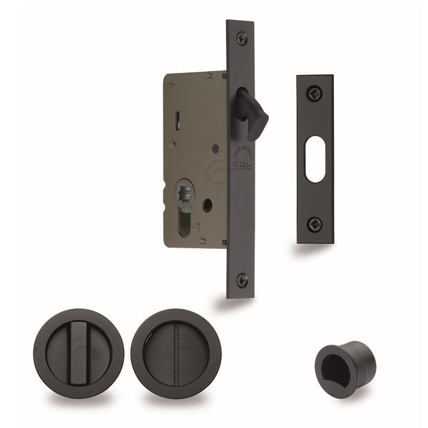 M.Marcus Flush Handle Pocket/Sliding Door Bathroom Lockset - Round - Black