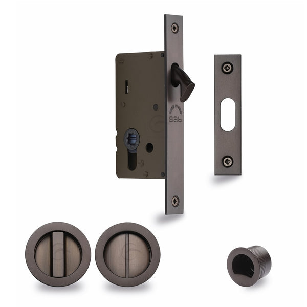 M.Marcus Flush Handle Pocket/Sliding Door Bathroom Lockset - Round - Matt Bronze