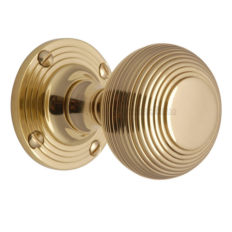 M.Marcus Reeded Mortice Knob Handles on Round Rose - Polished Brass