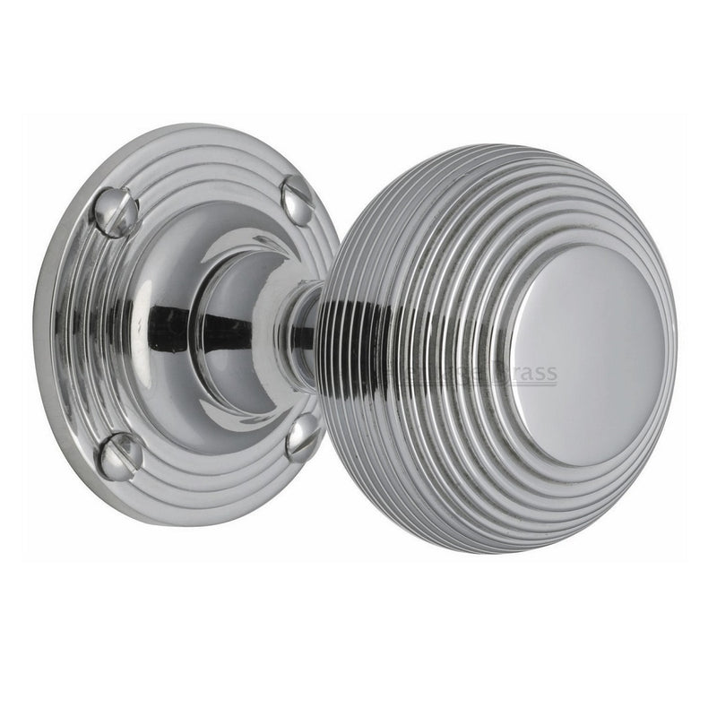 M.Marcus Reeded Mortice Knob Handles on Round Rose - Polished Chrome
