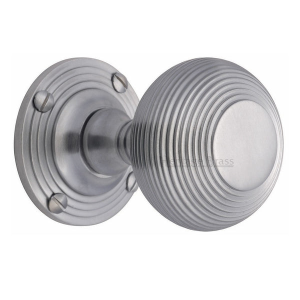M.Marcus Reeded Mortice Knob Handles on Round Rose - Satin Chrome